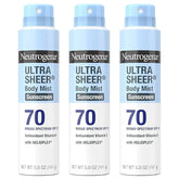 Neutrogena Ultra Sheer Body Mist Sunscreen Spray, Broad Spectrum SPF 70, Lightweight Spray Sunscreen, Non-Greasy & Water Resistant, Oil-Free & Non-Comedogenic UVA/UVB, 5 oz, Pack of 3