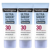 Neutrogena Ultra Sheer Dry-Touch Sunscreen for Face & Body, Helioplex SPF 30 Broad Spectrum UVA/UVB, Lightweight, Water Resistant & Non-Greasy, Hawaii Act 104 compliant, Travel Size 3 fl oz, Pack of 3