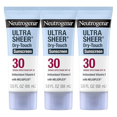 Neutrogena Ultra Sheer Dry-Touch Sunscreen for Face & Body, Helioplex SPF 30 Broad Spectrum UVA/UVB, Lightweight, Water Resistant & Non-Greasy, Hawaii Act 104 compliant, Travel Size 3 fl oz, Pack of 3
