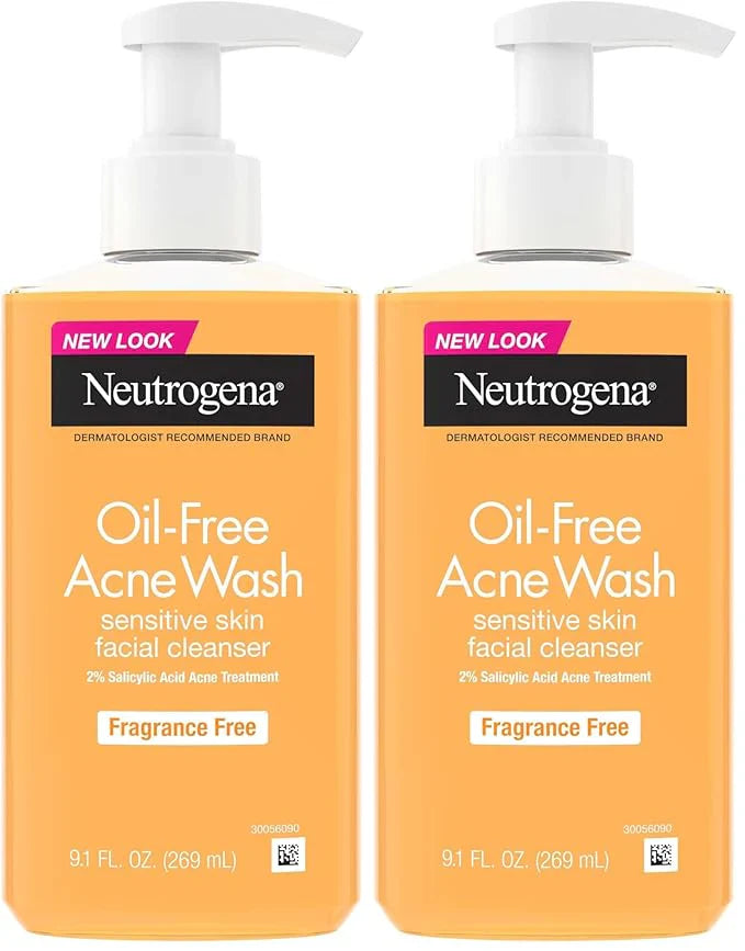 Neutrogena Oil-Free Acne Face Wash, Fragrance Free, Sensitive Skin Facial Cleanser with 2% Salicylic Acid Acne Treatment for Face, 9.1 Fl Oz,(Pack of 2)