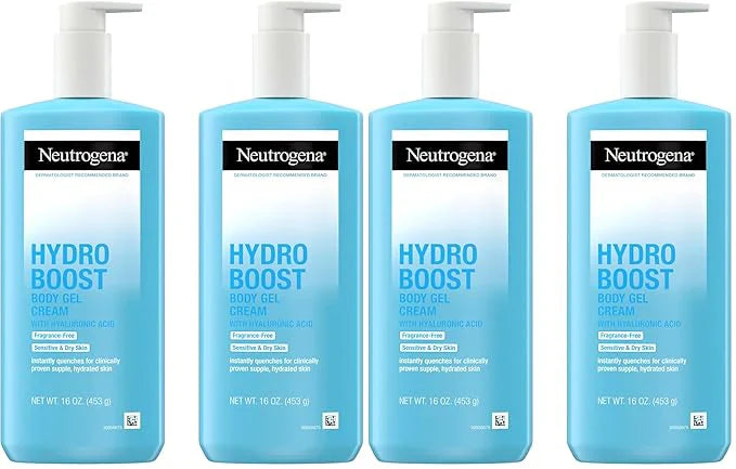 Neutrogena Hydro Boost Body Gel Cream,Hydrating Body Lotion with Hyaluronic Acid for Sensitive Skin,Fragrance-Free Hyaluronic Acid Moisturizer,16 oz,(Pack of 4)