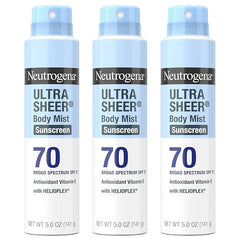 Neutrogena Ultra Sheer Body Mist Sunscreen Spray, Broad Spectrum SPF 70, Lightweight Spray Sunscreen, Non-Greasy & Water Resistant, Oil-Free & Non-Comedogenic UVA/UVB, 5 oz, Pack of 3