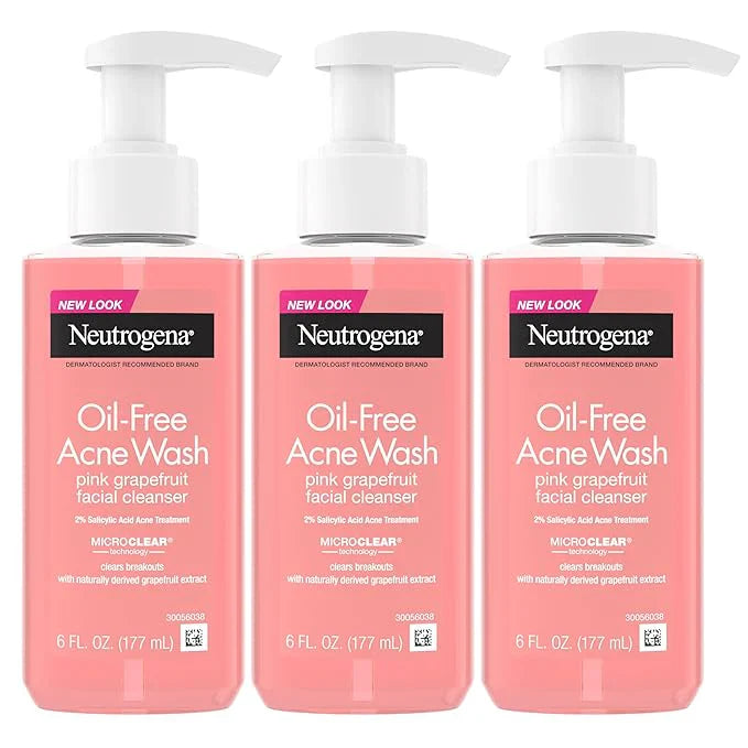 Neutrogena Oil-Free Pink Grapefruit Pore Cleansing Acne Wash and Daily Liquid Facial Cleanser with 2% Salicylic Acid Acne Medicine and Vitamin C, 6 fl. oz, 3 Pack