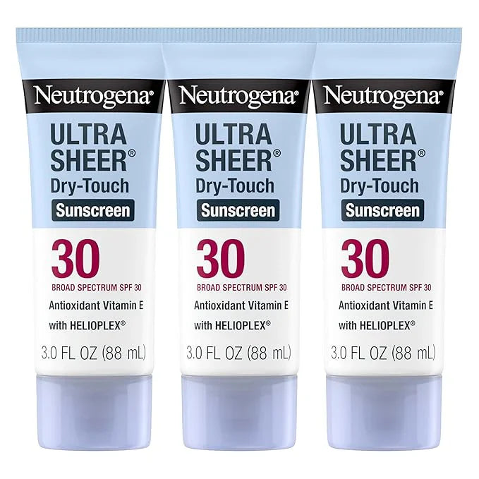 Neutrogena Ultra Sheer Dry-Touch Sunscreen for Face & Body, Helioplex SPF 30 Broad Spectrum UVA/UVB, Lightweight, Water Resistant & Non-Greasy, Hawaii Act 104 compliant, Travel Size 3 fl oz, Pack of 3